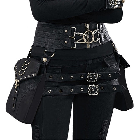 PU Leather Waist Packs Utility Lace Up Zipper Waist Belt Bag Phone Pouch Vintage Military Waist Packs Gothic Steampunk Style New