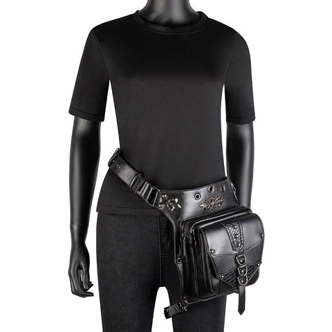 Cool SteamPunk Leather Waist Bag Retro Hiking Crossbody Bag Rock Men Women Gothic Black Fanny Packs Fashion Motorcycle Leg Bags
