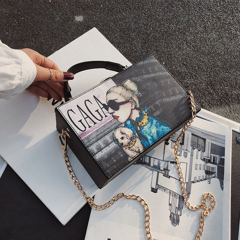Pu Leather Cartoon Print Letter Women Fashion Shoulder Crossbody Handbags Ladies Casual Box Bag Clutch Top-handle Totes Bag