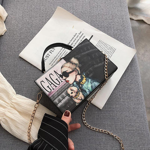 Pu Leather Cartoon Print Letter Women Fashion Shoulder Crossbody Handbags Ladies Casual Box Bag Clutch Top-handle Totes Bag
