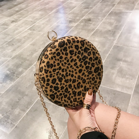 2018 New Fashion Leopard Small Round Bag Dinner Bag Female Korean Version Women's Chain Shoulder Slung Retro Box Bag